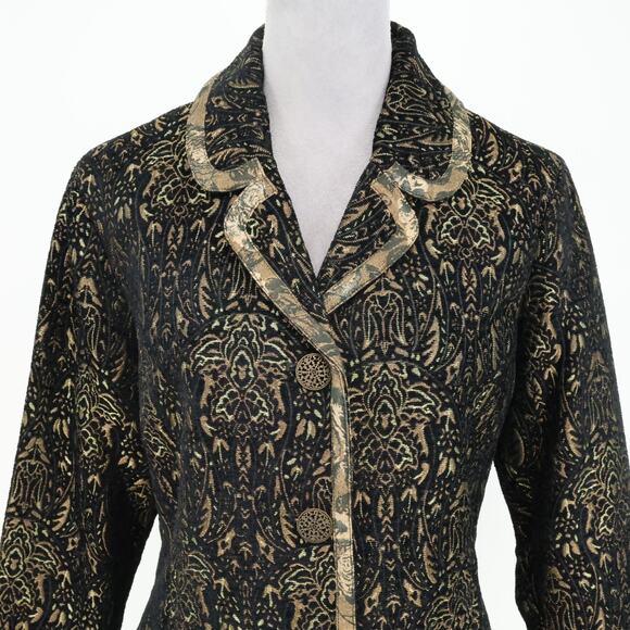 Chicos Jacket 1 Womens Medium 8 Black Gold Metallic Lined Burn out Brocade New - Picture 9 of 16